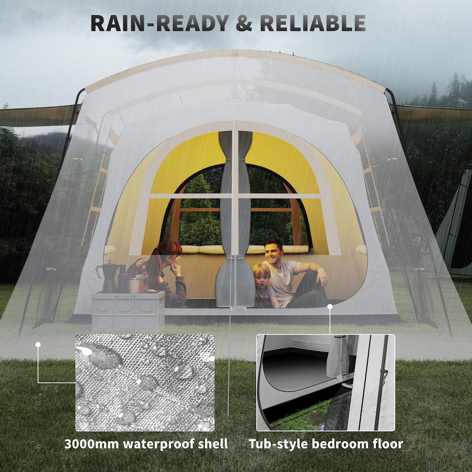 image 1 of Outsunny 3-4 Man Tunnel Tent with Sewn in Floor, 3000mm Waterproof | Cream | Khaki