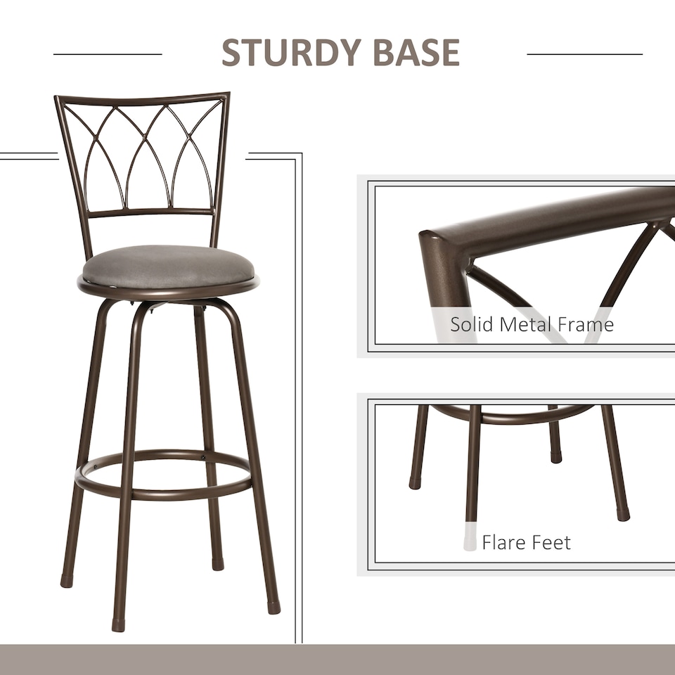 image 1 of HOMCOM Set of 2 Bar Chairs Swivel Armless Upholstered Metal Frame Barstools with Backrest & Footrest, Bronze