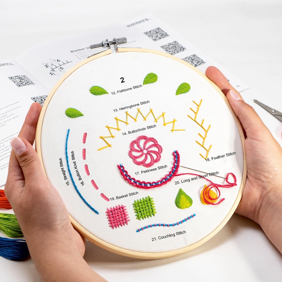 image 1 of Beginner Embroidery Kit (4 Pack) for Adults, Learn 33 Stitches with Easy DIY Video Tutorials, Coloured Design Patterns (AZA100)