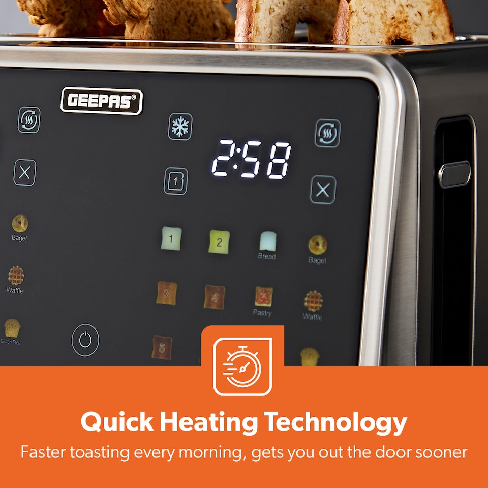 image 1 of GEEPAS 5-in-1 4 Slice Digital Toaster Wide Slots LED Display 1770W, Silver