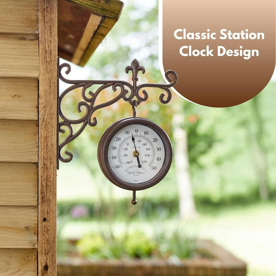 image 1 of Marco Paul 32cm Double Sided Outdoor Station Wall Clock and Thermometer Brown