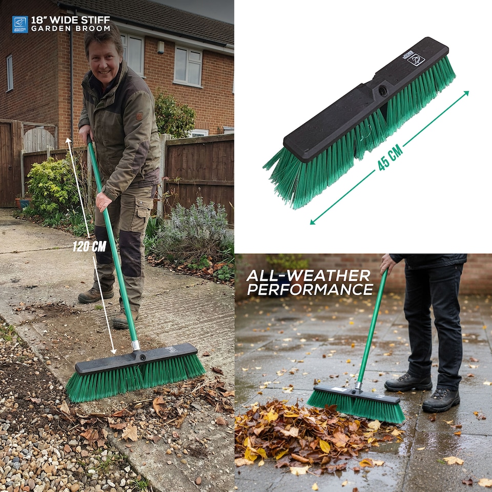 image 1 of Green 18" Heavy Duty Outdoor Yard Broom and Metal Handle