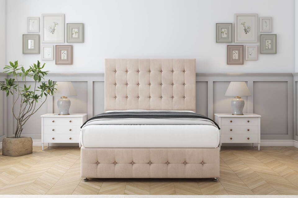 image 1 of Sloomy Berlin Sand Naples Divan Bed With Mattress No Drawers With 26" Strutted Headboard & 12" Matching Footboard 3' Single | Cream | Sand | Single | 1