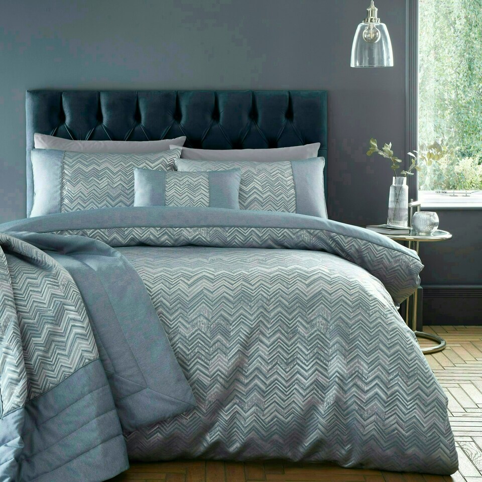 image 1 of Portfolio Home Antibes Chevron Waves Soft Easy Care Bed Linen Bedding Duvet Cover Set Blue | King