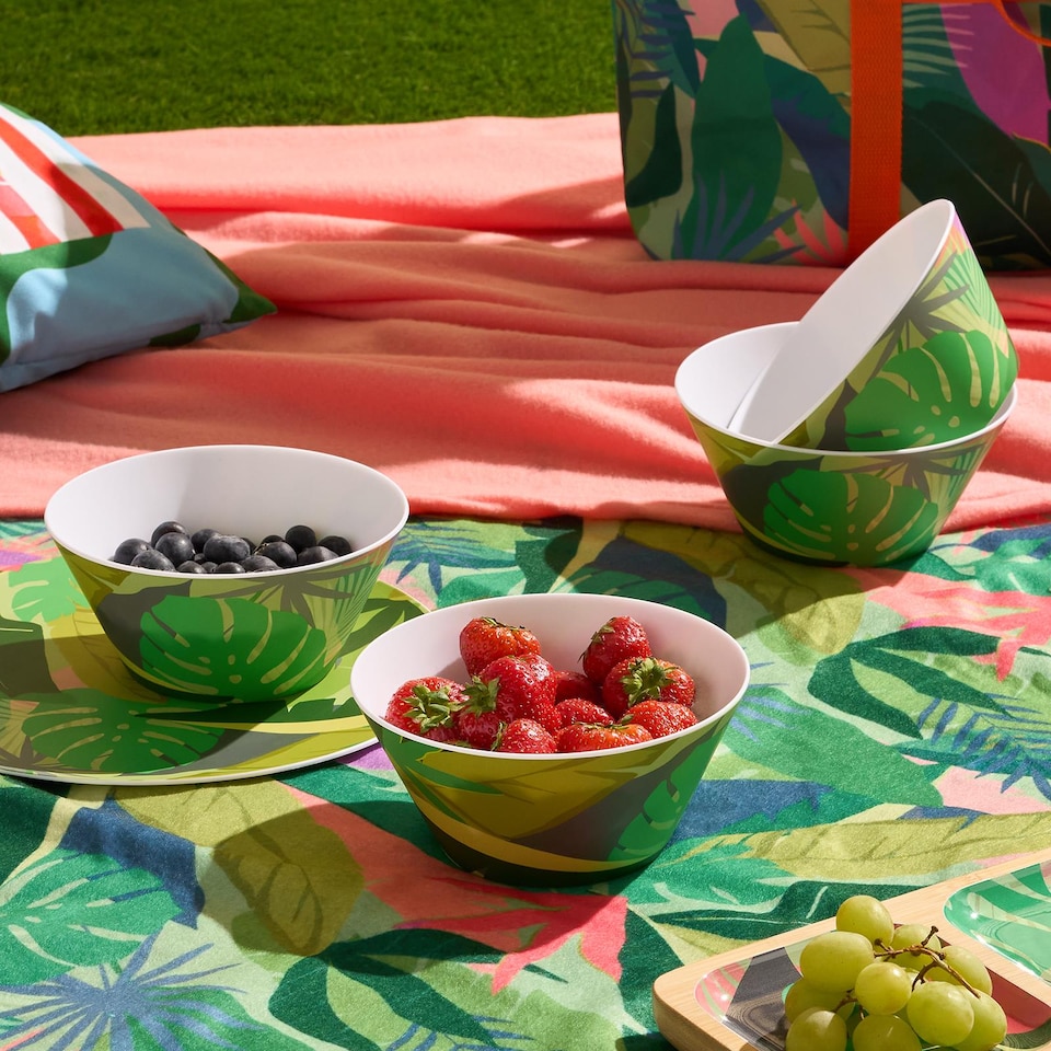image 1 of OHS Summer Print Plastic Picnic Bowls Set of 4 Lightweight Outdoor