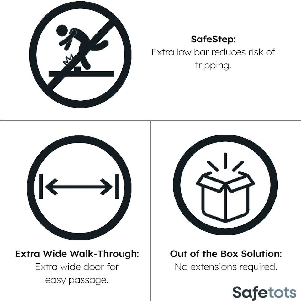 image 1 of Safetots SafeStep Gate, White, 96cm - 103cm, Extra Low Walkthough, 81cm Extra Wide Doorway, One Piece Extra Wide Baby Gate