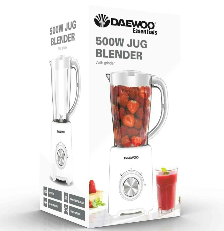 image 1 of Daewoo 1.5L 500W Electric Jug Blender & Coffee Bean Nut Grinder & Smoothie Maker | White