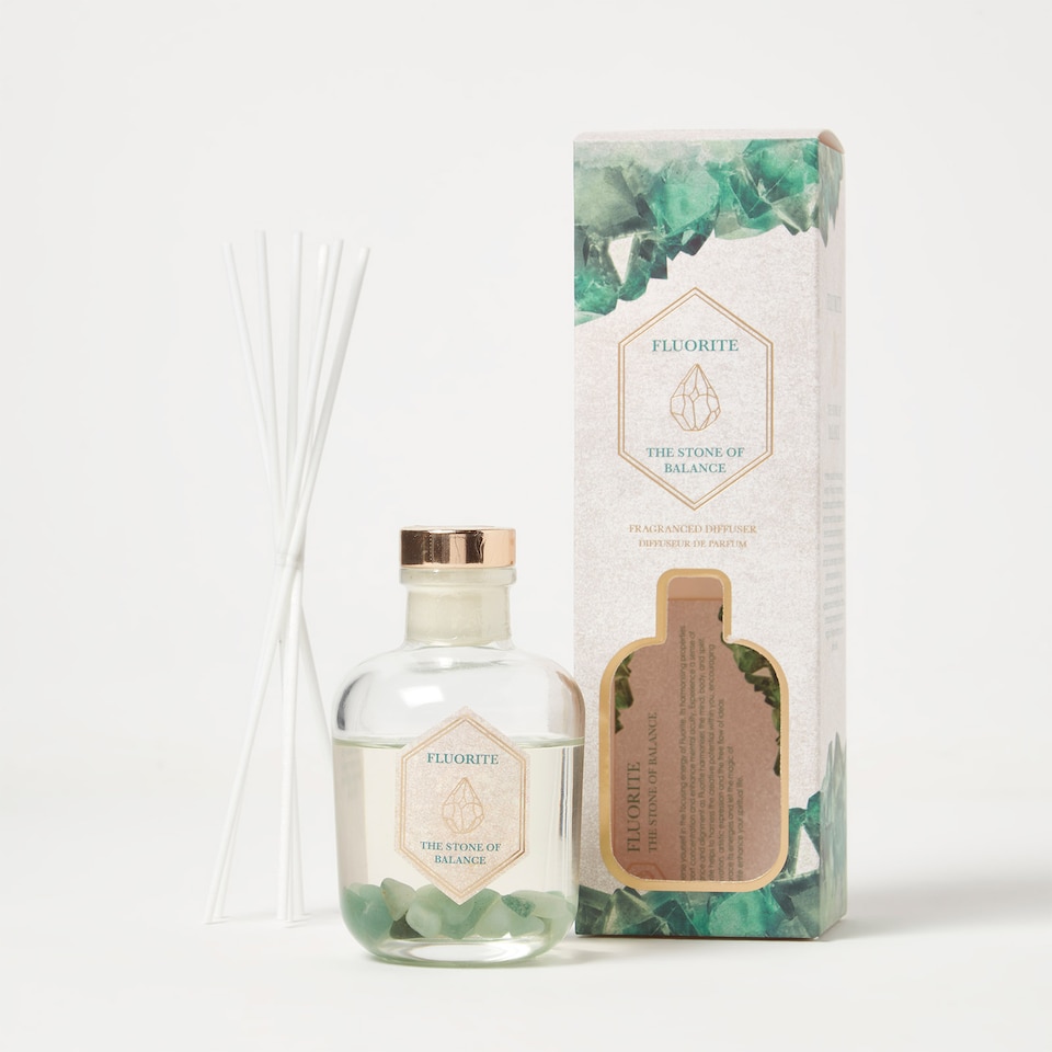 image 1 of Homescapes Green Fluorite Crystal Reed Diffuser – Black Tea & Vetiver Scent