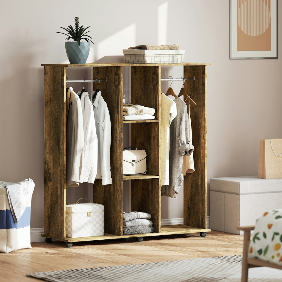 image 1 of HOMCOM Mobile Double Open Wardrobe w/ Clothes Hanging Rail, Rustic Brown