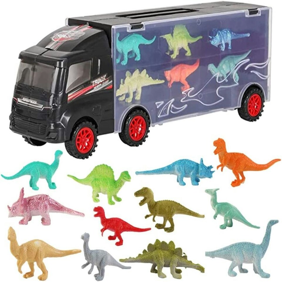 image 1 of Dinosaur Transporter Truck Carry Case Playset – Includes 12 Dinosaur Figures & Mini Race Car – Portable Toy Organizer with Slide Ramp for Kids