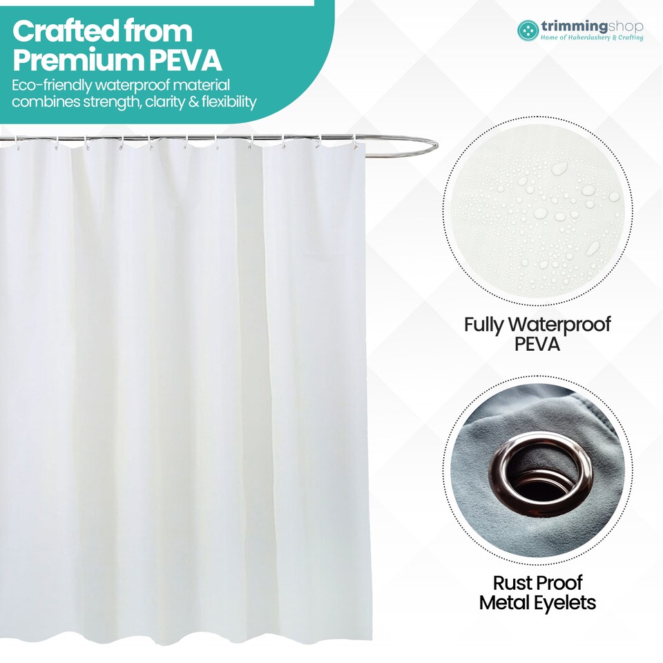 image 1 of PEVA Plain Mould & Mildew Resistant Shower Curtain with 12 Hooks - 180x180cm