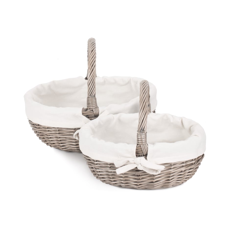 image 1 of Set of 2 Lined Antique Wash Wicker Bathroom Shopping Basket | White | White | Not provided