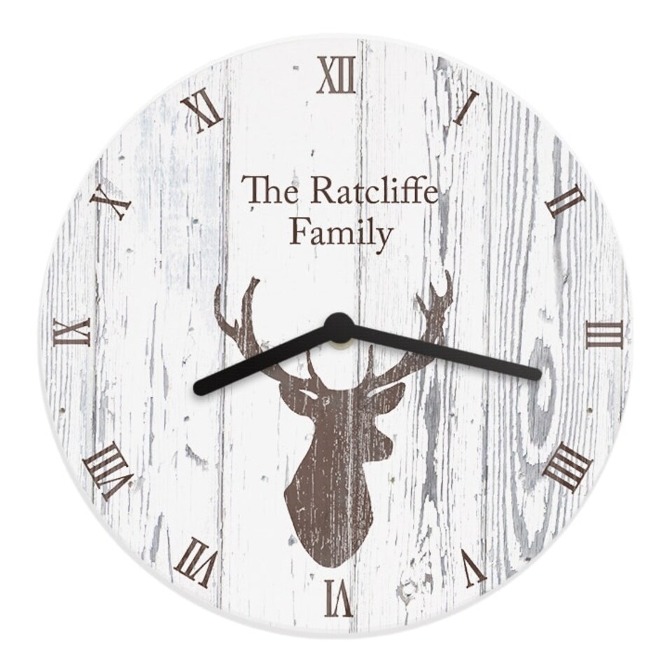 image 1 of Personalised Highland Stag Shabby Chic Wooden Clock | White