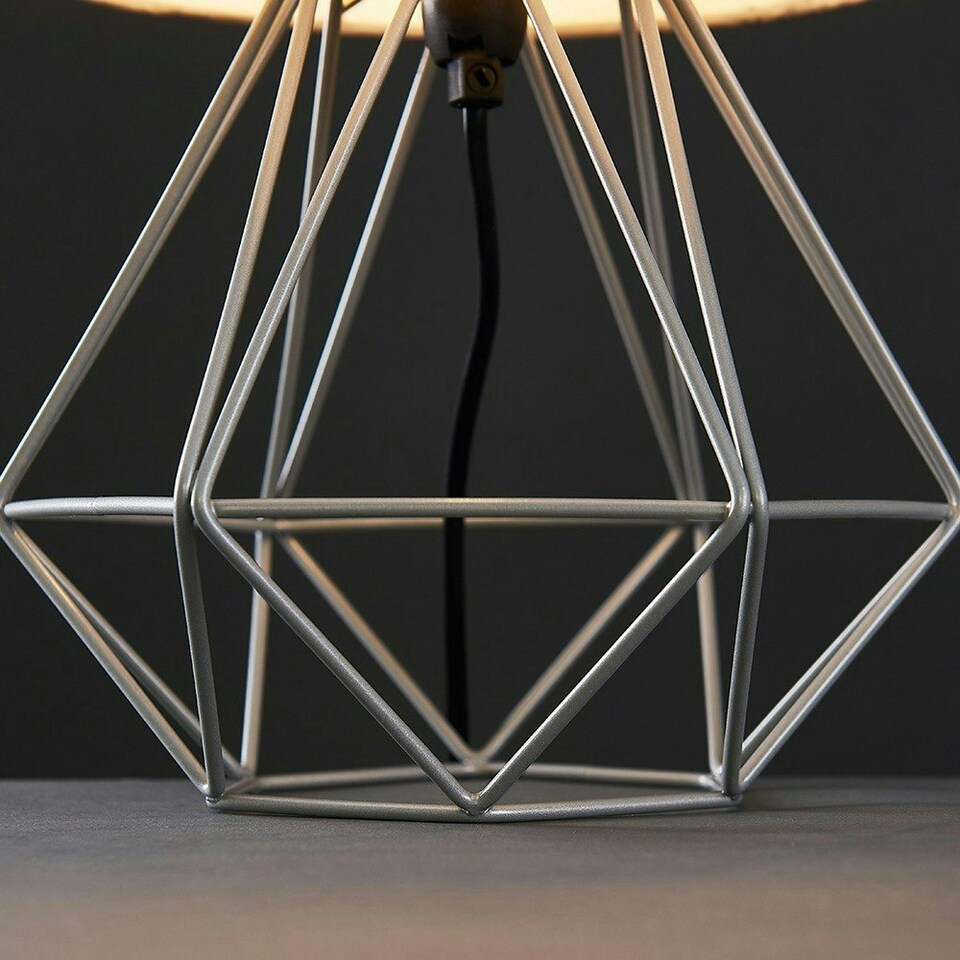 image 1 of ValueLights Modern Geometric Grey Metal Cage Bedside Table Lamp With Grey Fabric Shade
