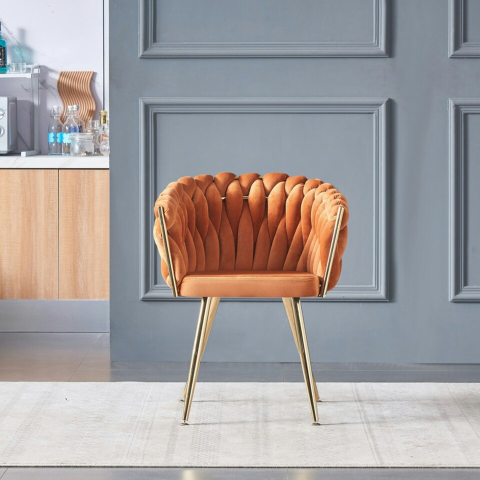image 1 of Single Roma Knot Velvet Armchair with Gold Metal Legs, Modern Tufted Design for Living Room Orange