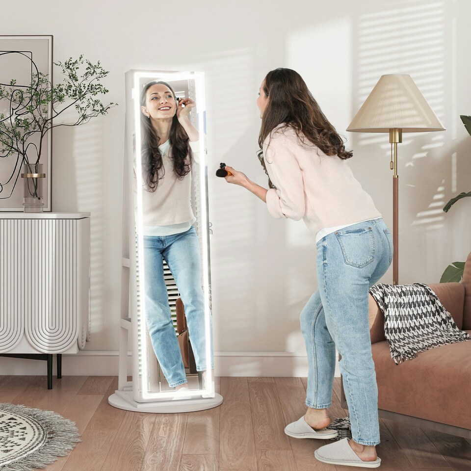 image 1 of HOMCOM 360° Swivel Jewellery Cabinet, Full Length Mirror with Storage, White White | Black interior lining