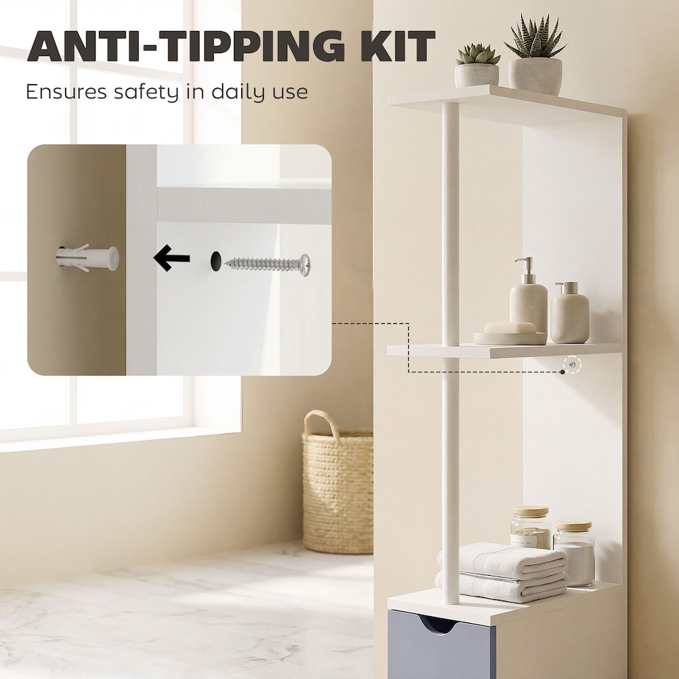 image 1 of HOMCOM Tall Bathroom Storage Cabinet with Shelf and Drawers, White, Grey