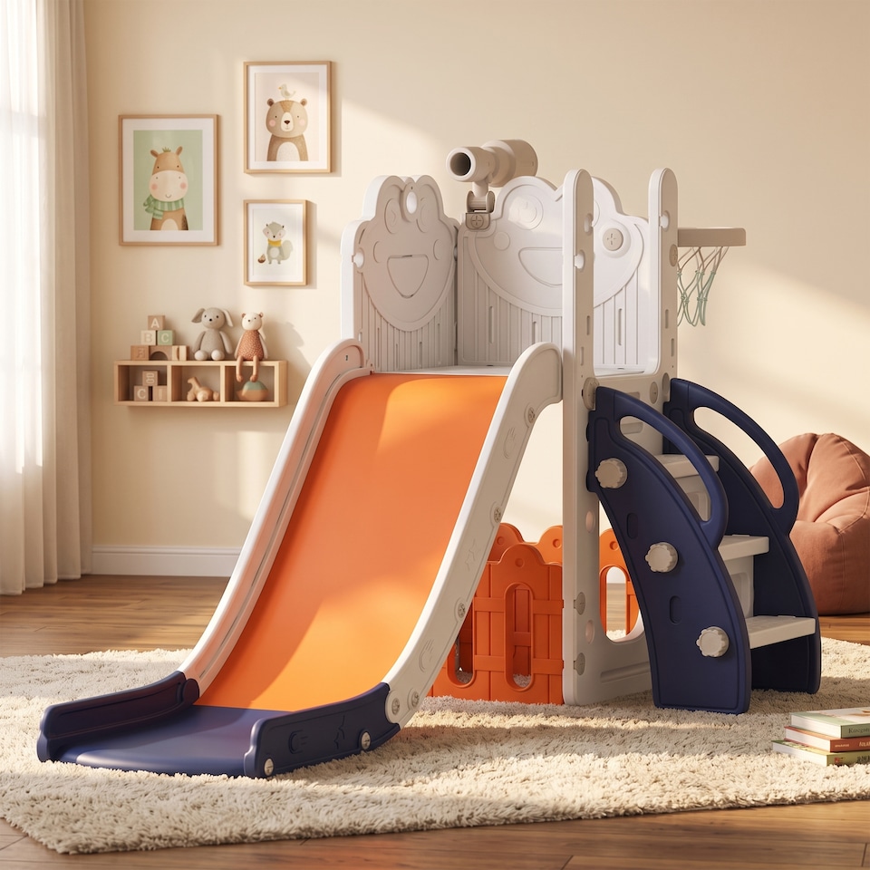 image 1 of AIYAPLAY 5 in 1 Toddler Slide Set with Basketball Hoop for Age 1-3, Orange