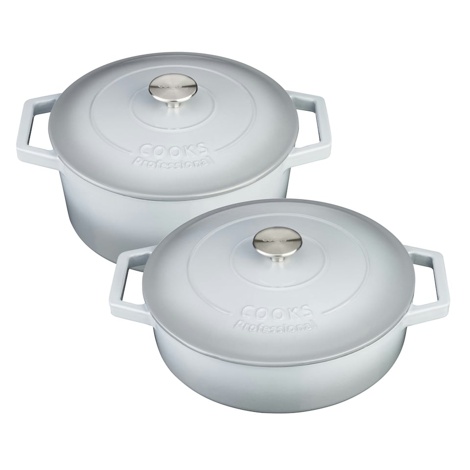 image 1 of Cooks Professional Cast Iron Casserole Set of 2 | 26cm and 28cm | Enamelled Inside and Out | Graduated Grey