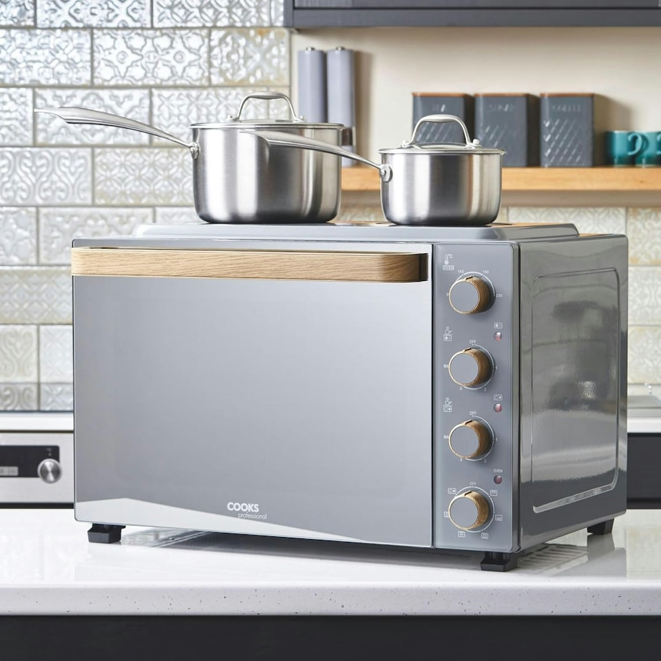 image 1 of Cooks Professional Mini Oven | 48 Litre with 2 Ceramic Hobs | 1800W Oven | 1000W and 1500W Ceramic Hobs | Grey Nordic