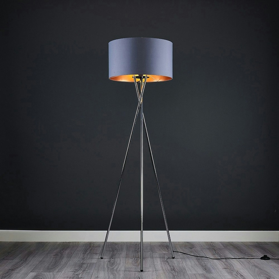 image 1 of ValueLights Camden Chrome Tripod Floor Lamp Grey & Copper Shade & Bulb | Copper
