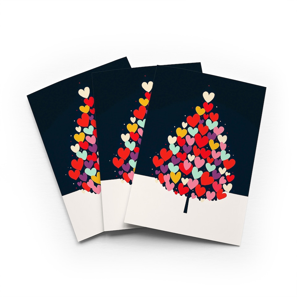image 1 of Heart Decorated Tree Christmas Card Modern Festive Set of 3 Greeting Cards Blank