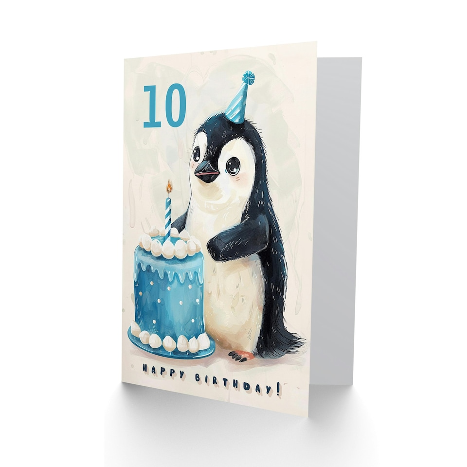 image 1 of 10th Cute Baby Penguin Cake Cartoon Kids Age 10 Year Old Child Birthday Card