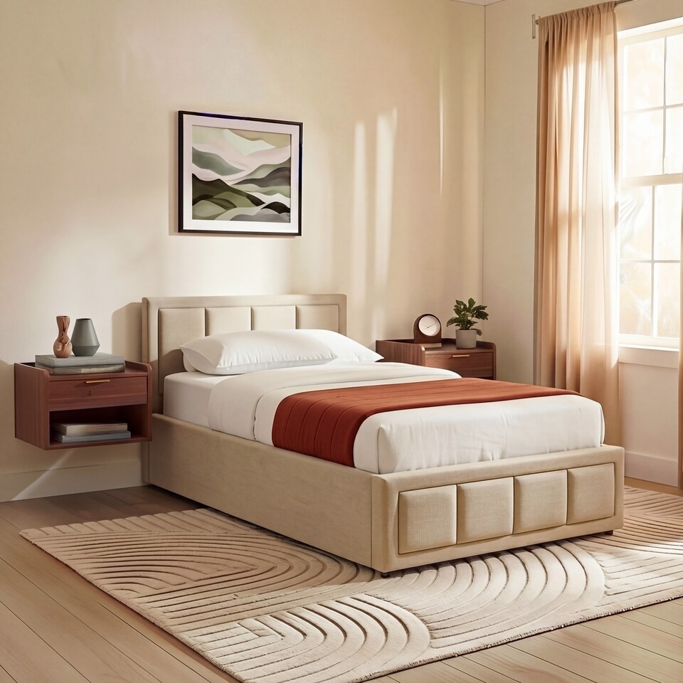 image 1 of Vida Designs Vanita Single Ottoman Lift Up Storage Space Fabric Bed Frame, Beige
