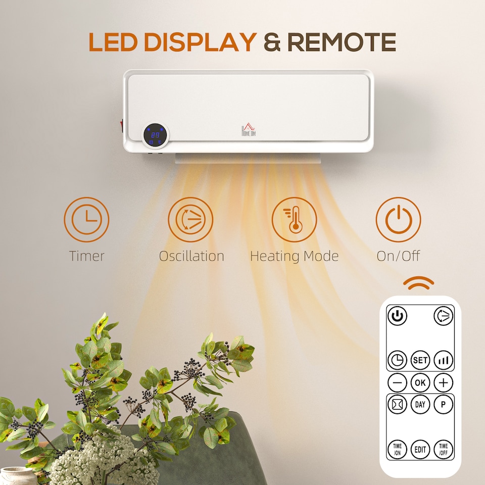 image 1 of HOMCOM Wall Downflow Heater 2 Heat and Fan 1000W2000W, Electric Space Heater with Timer Remote Oscillating, for Bedroom Home Office, White