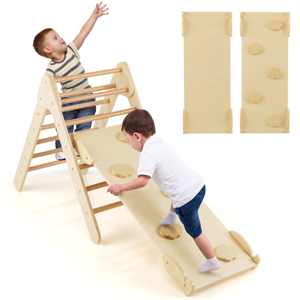 image 1 of COSTWAY 2-in-1 Triangle Climbing Set Wooden Toddler Climbing Triangle Ladder with Ramp