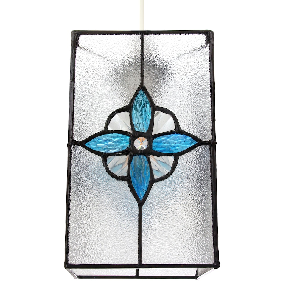 image 1 of Traditional Clear Glass Tiffany Style Pendant Light Shade with Teal Panels | Blue