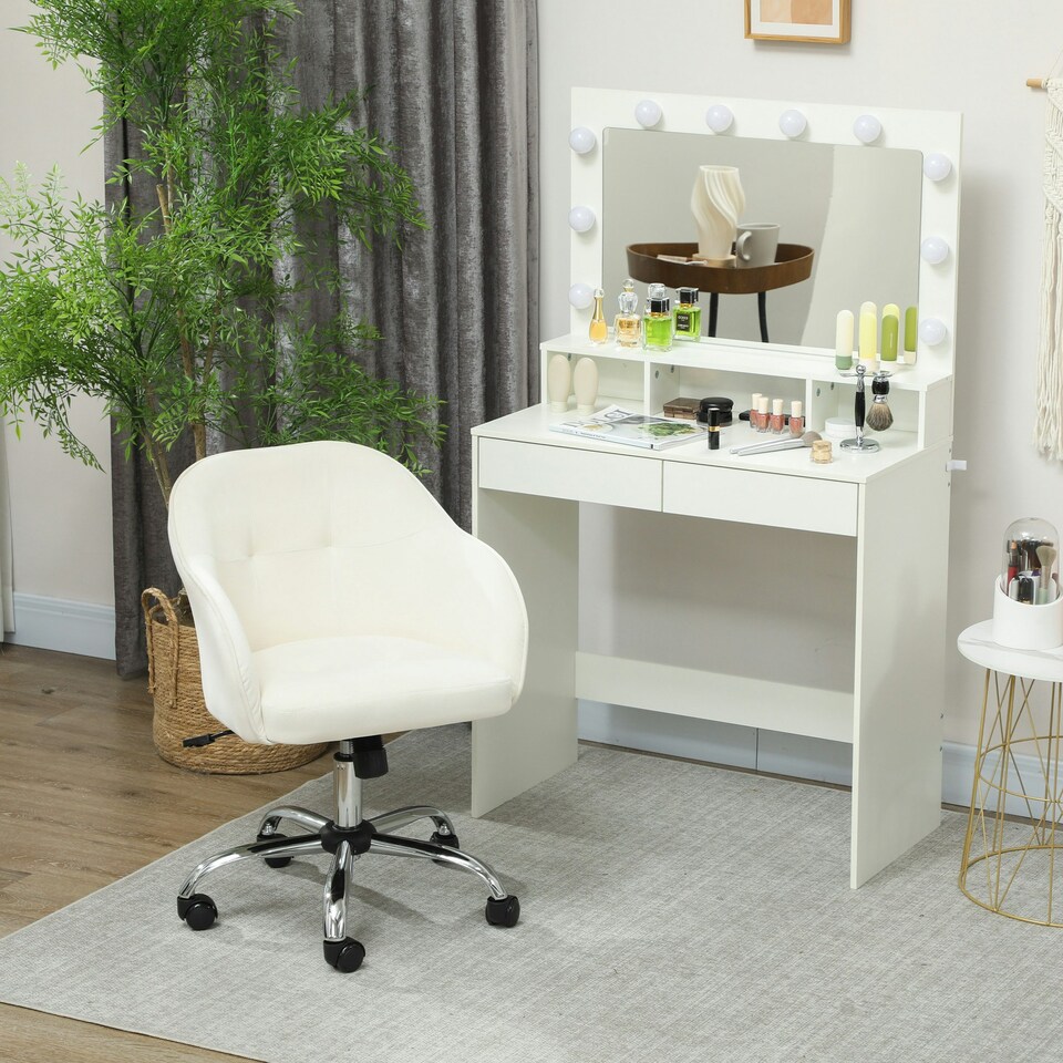 image 1 of HOMCOM Vanity Chair for Desk, with Height Adjustable, Wheels, Cream Cream