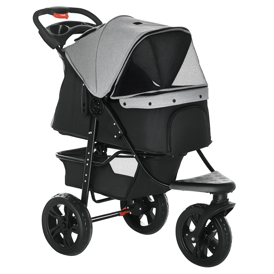image 1 of PawHut Folding 3 Wheel Pet Stroller Travel Adjustable Canopy Storage Brake Grey