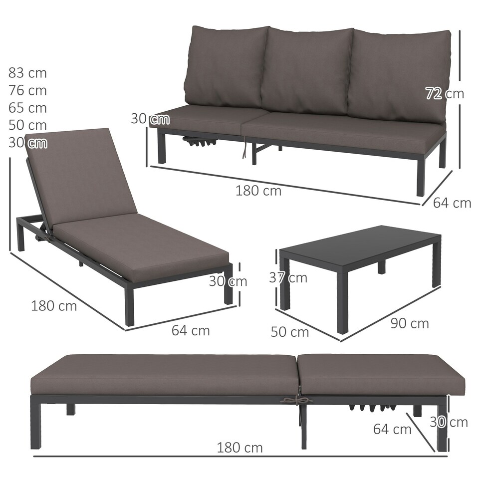 image 1 of Outsunny 3-PCS PE Rattan Lounge Set, Recliner Sofa Bed Set, Grey