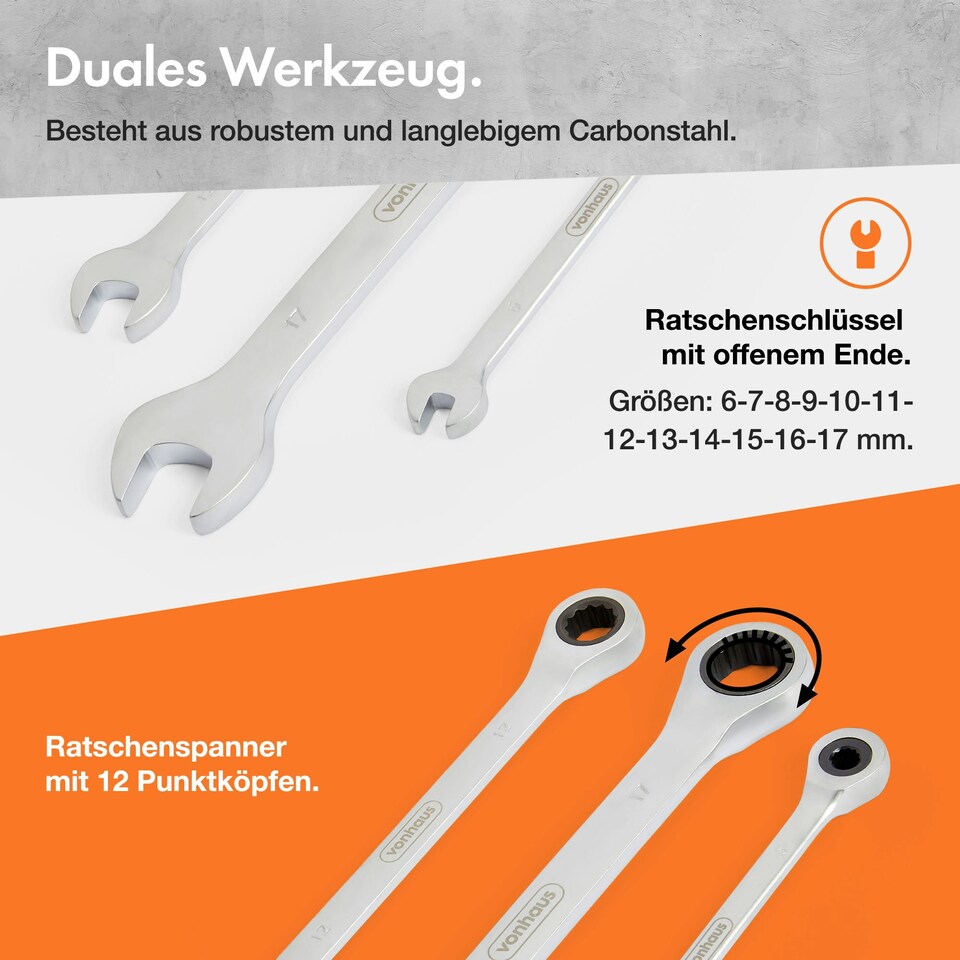 image 1 of VonHaus 12 Piece Ratchet Spanner Set with Carry Case for Home, Bike, and Car Repairs