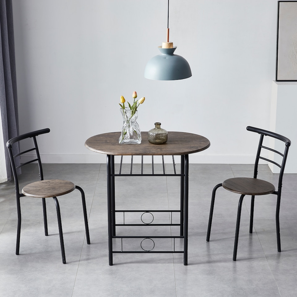 image 1 of Kitchen Breakfast Bar Small Dining Table and 2 chairs Set with Metal frame -Brown