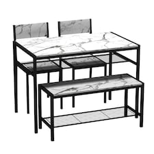 4 Pcs Set Dining Room Table Metal Frame with 2 Matching Chairs and Bench Kitchen | Multi | White Marble