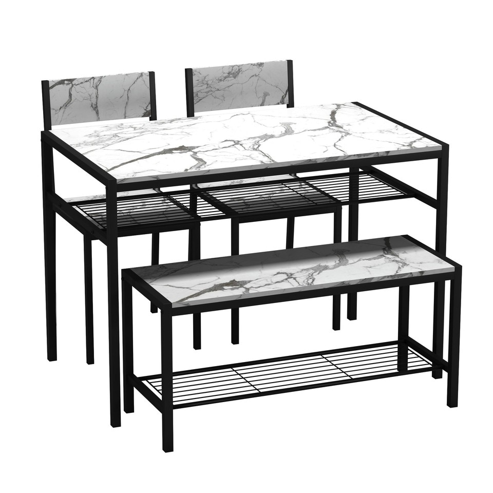 image 1 of 4 Pcs Set Dining Room Table Metal Frame with 2 Matching Chairs and Bench Kitchen | Multi | White Marble