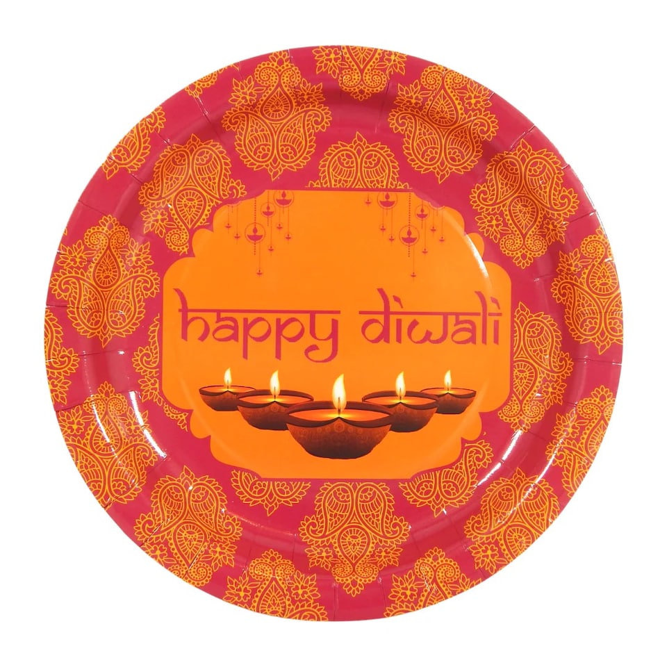 image 1 of Happy Diwali Pink Party Plates (10pk) - Pink & Orange