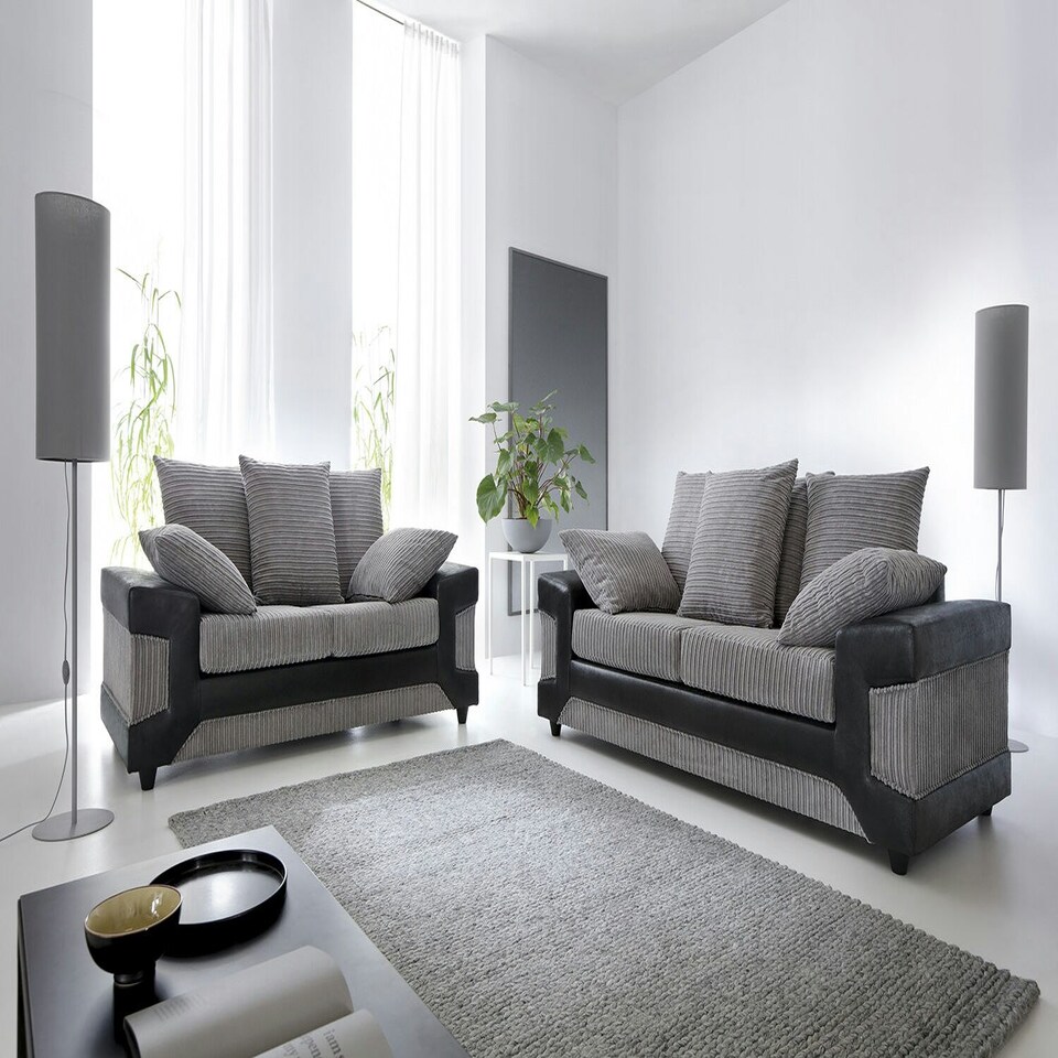 image 1 of Toledo 5 Seater Grey Jumbo Cord 3+2 Sofa Set With a Modern Black Leather Trim Grey | A  sleek black leather trim
