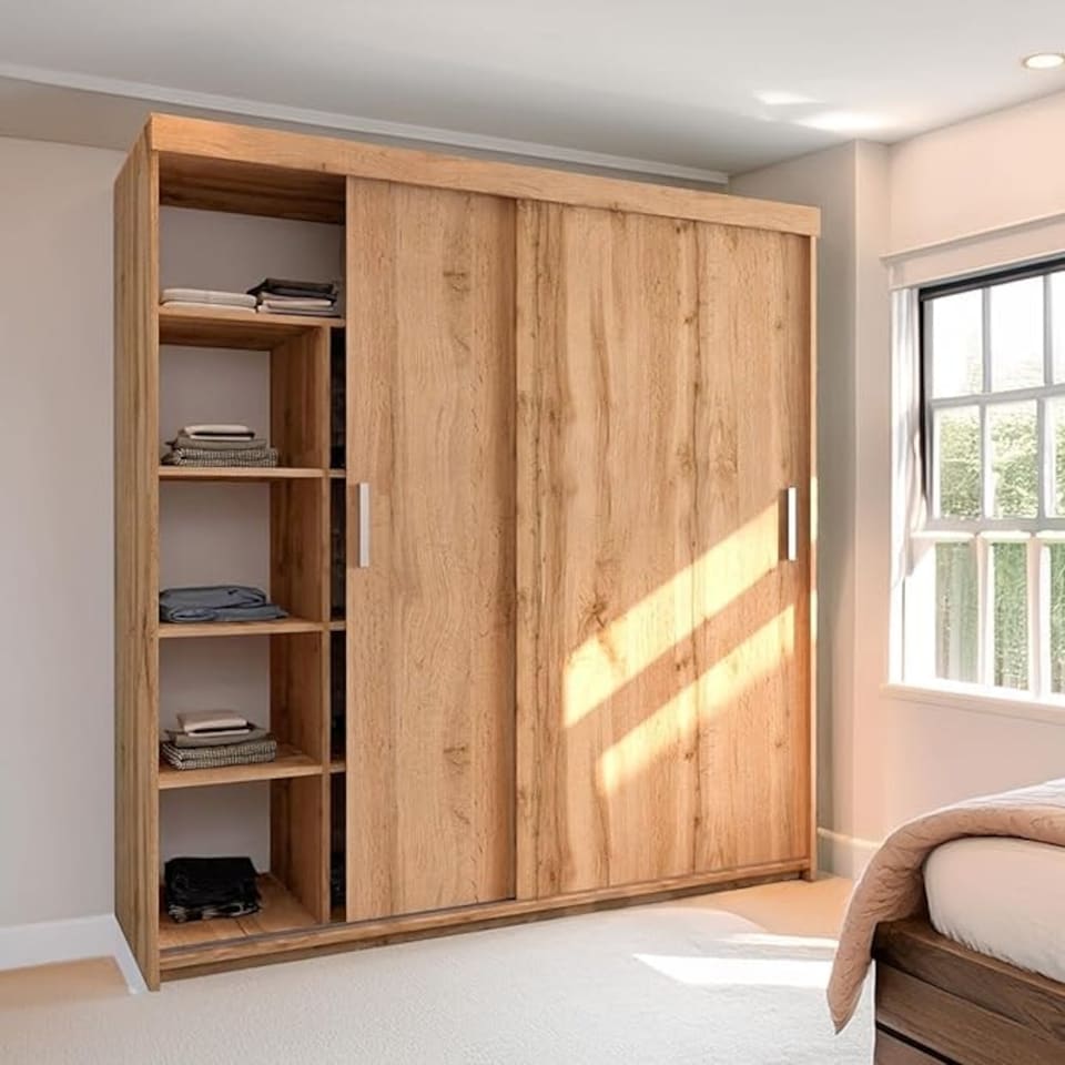 image 1 of Modern Oak Sliding Wardrobe 203cm Double Door Brown | 203cm