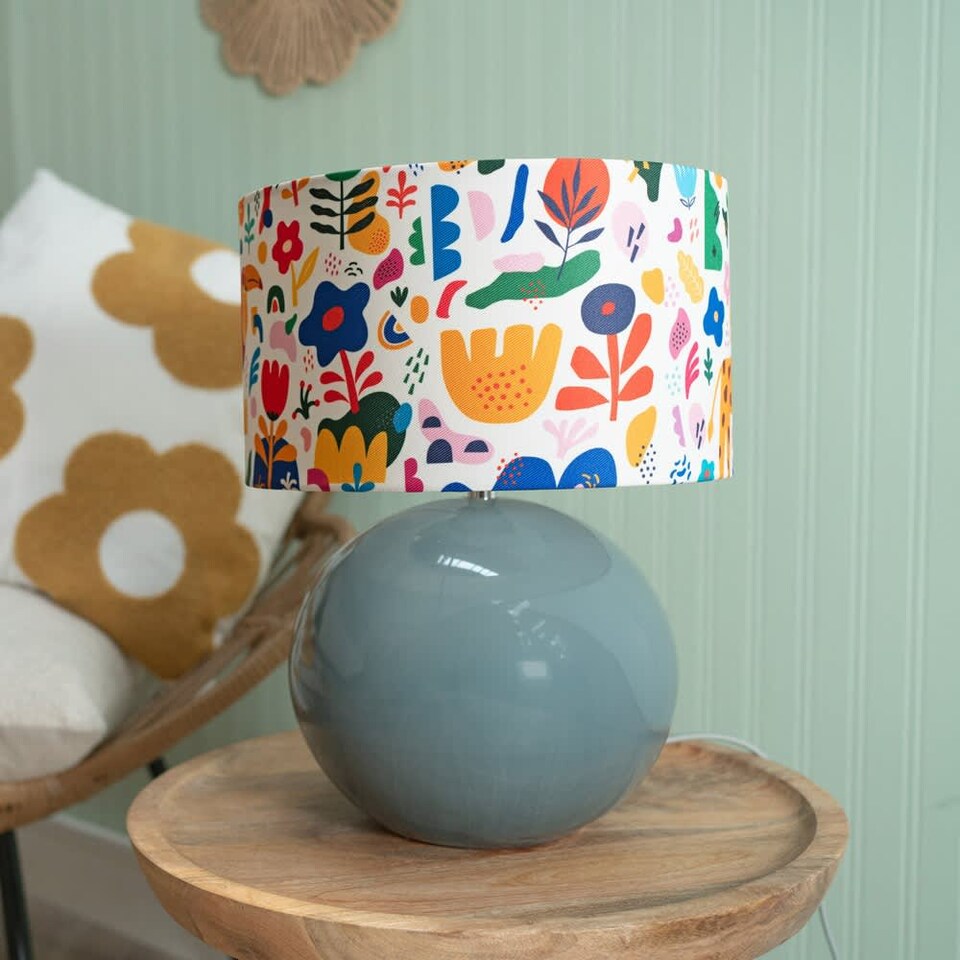image 1 of ValueLights Bosco Eucalyptus Ceramic Table Lamp with Jungle Print Drum Shade