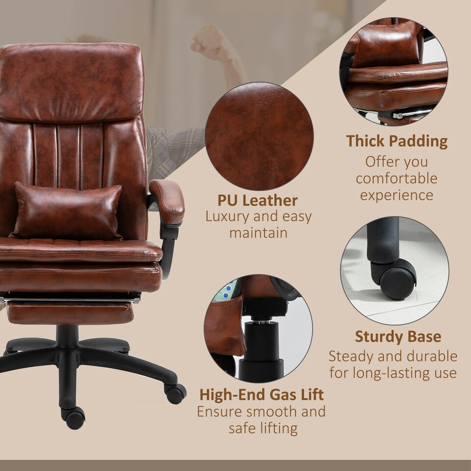 image 1 of Vinsetto PU Leather Massage Office Chair w/ Adjustable Height Footrest Brown
