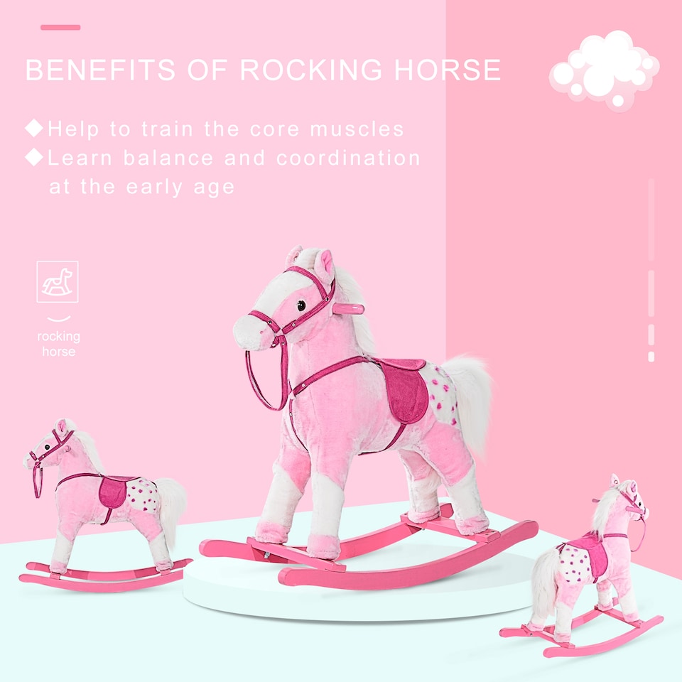 image 1 of HOMCOM Rocking Horse Toy Plush Wood Pony Riding Rocker Neigh Sound Pink
