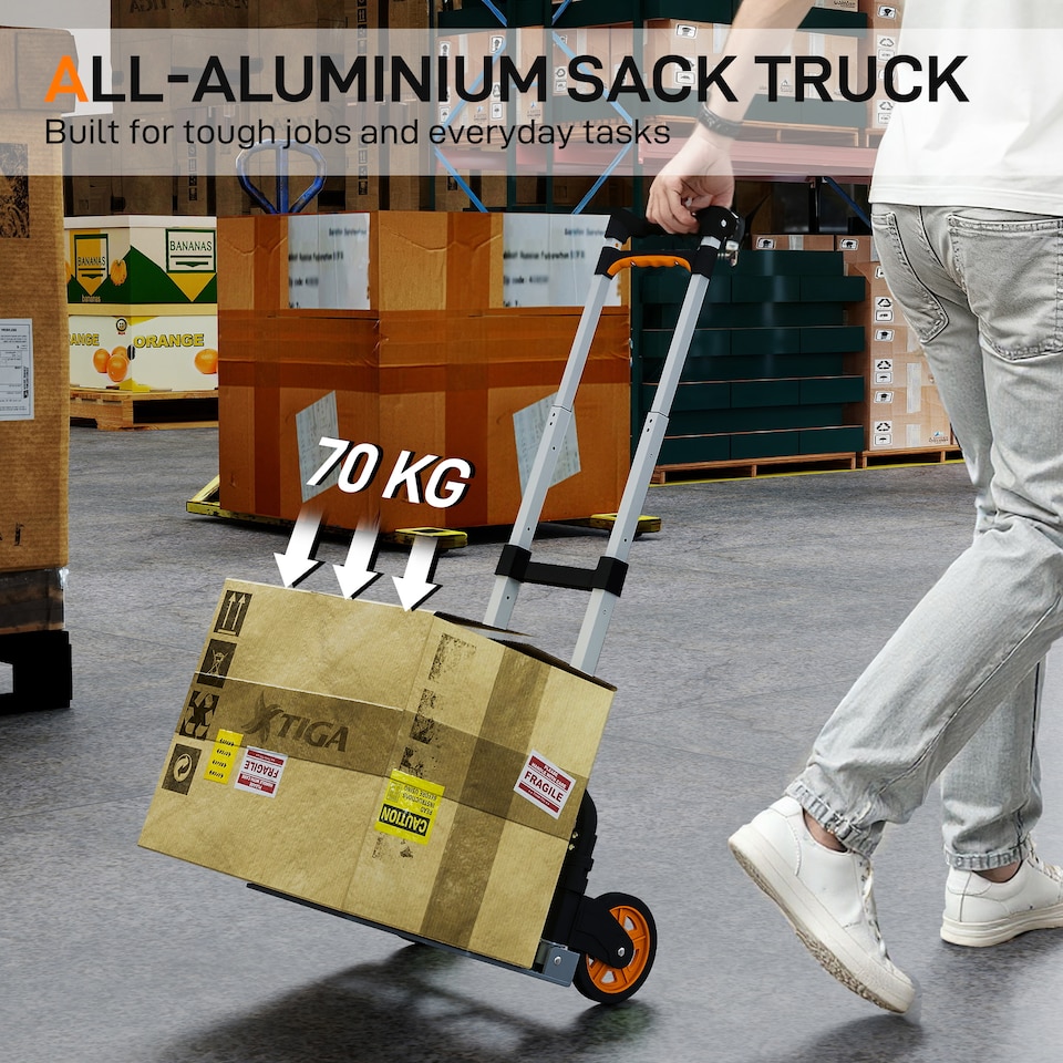image 1 of HOMCOM Folding Sack Truck, 70kg Lightweight Hand Truck with Wheels, Foldable Trolley Cart with Telescoping Handle for Warehouse, Office, Luggage, Silver Tone