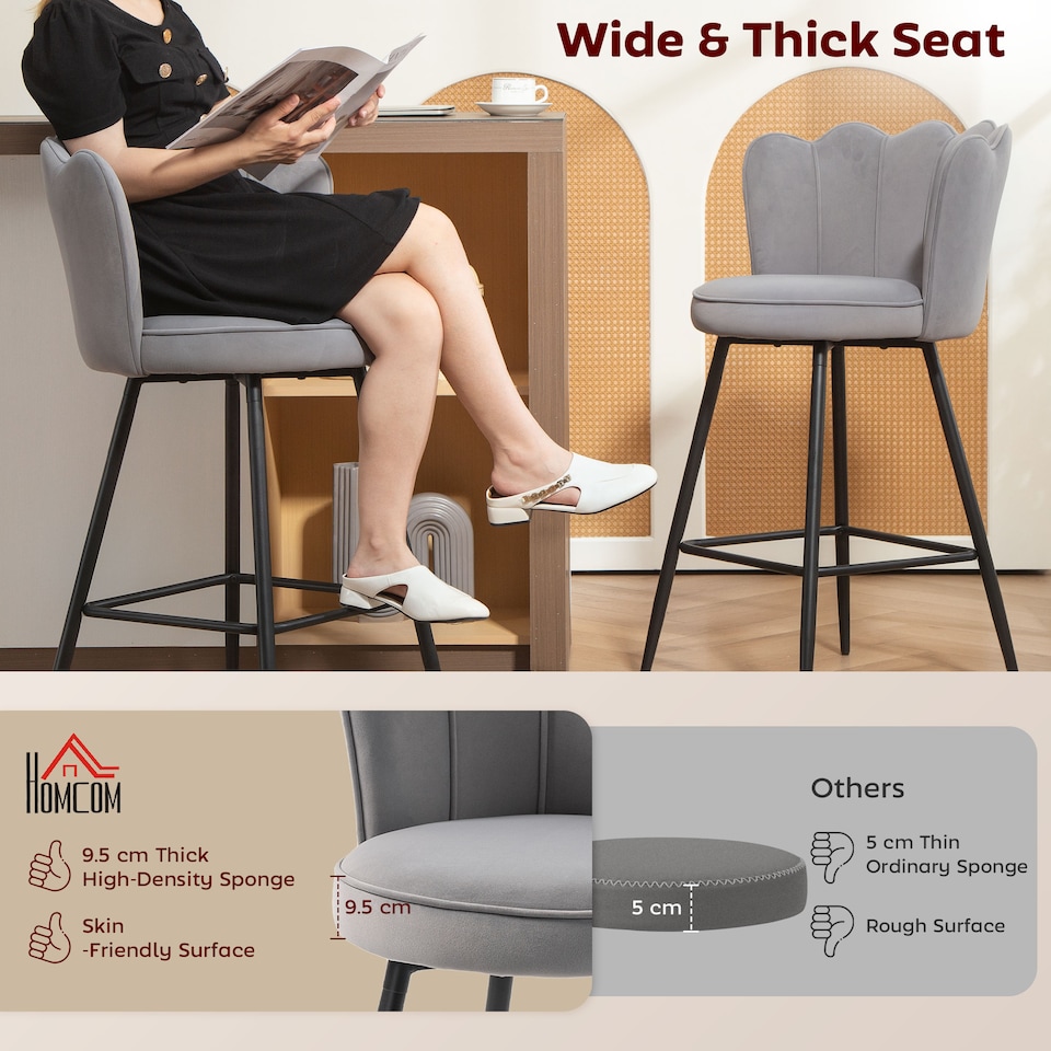 image 1 of HOMCOM Bar Stools Set of 2, Modern Velvet-Feel Barstools with Petal Backrest and Footrest, Upholstered Breakfast Bar Chairs with Metal Legs for Kitchen Island Counter, Dining Room, Grey | Grey | Grey | 2