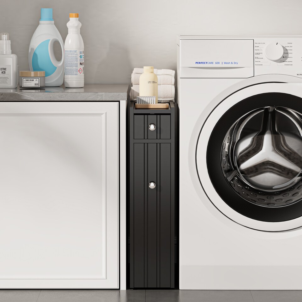 image 1 of VonHaus Shrewsbury Black Slim Bathroom Storage Unit with Drawers