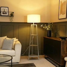 ValueLights Hiru Grey 3 Tier Shelf Floor Lamp Cream Shade