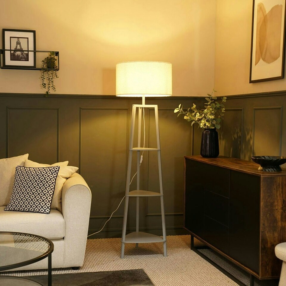 image 1 of ValueLights Hiru Grey 3 Tier Shelf Floor Lamp Cream Shade