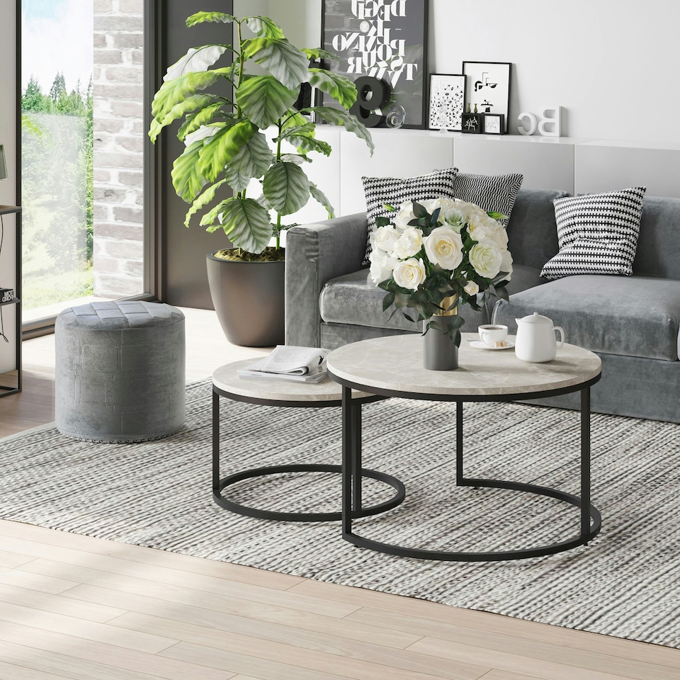 image 1 of HOMCOM 2 Pcs Stacking Coffee Table Set Steel Frame, Marble Grey Black